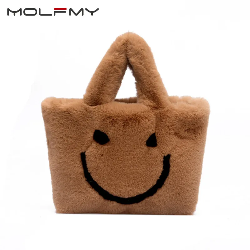 

2019 Smiling Face Winter Faux Fur Bags Top-handle Clutch Rabbit Fur Handbags Cartoon Children Girls Hand Bags Soft Hair