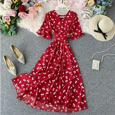 wine red floral Летнее платье с v-образным вырезом и цветочным принтом в виде сердечек, элегантные вечерние платья средней длины трапециевидной формы, женское повседневное пляжное праздничное платье - Цвет: wine red floral