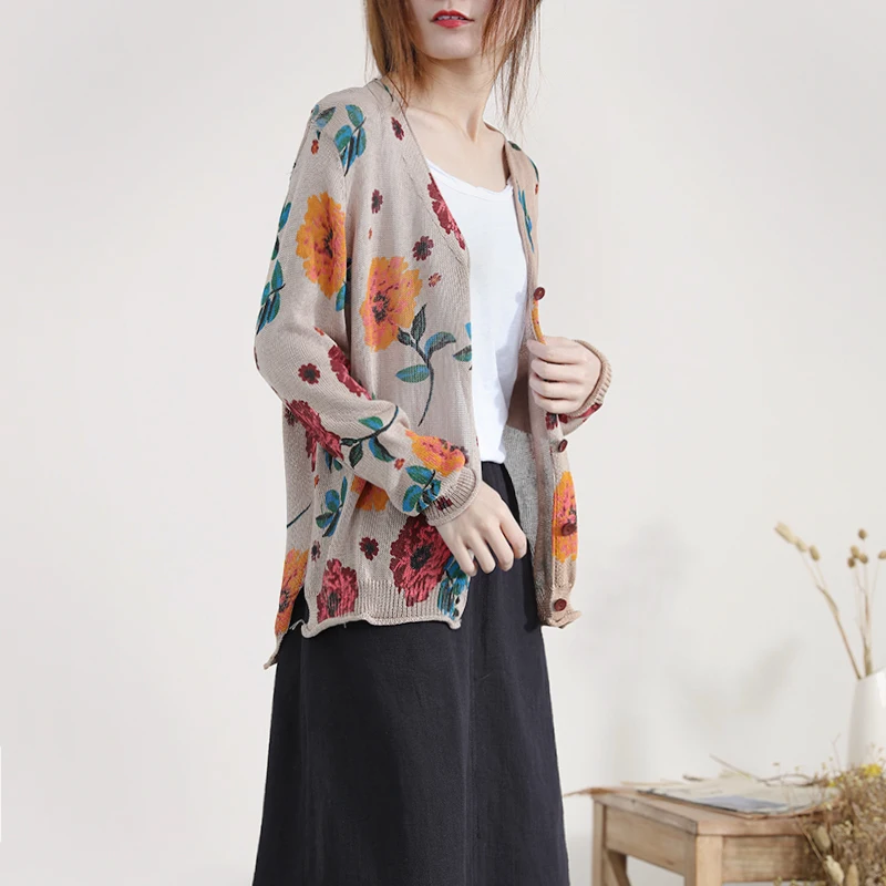 Thin knitted women sweater and cardigan printed button slim autumn new female home wear casual outwear coat tops