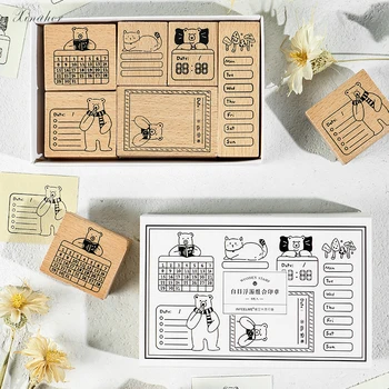 

1set Vintage bear date week time calendar stamp DIY wooden rubber stamps for scrapbooking stationery scrapbooking standard stamp