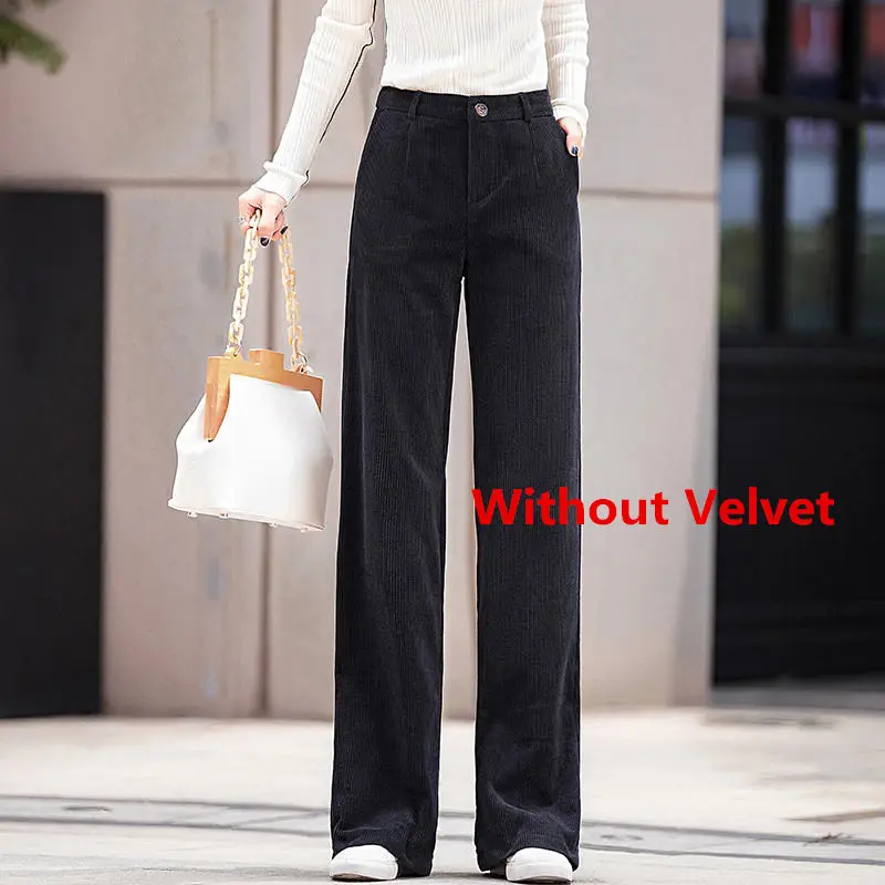 black without velvet Бархатные осенние зимние штаны, вельветовые широкие брюки, женские брюки, повседневные брюки с высокой талией, длинные женские брюки C6020 - Цвет: black without velvet