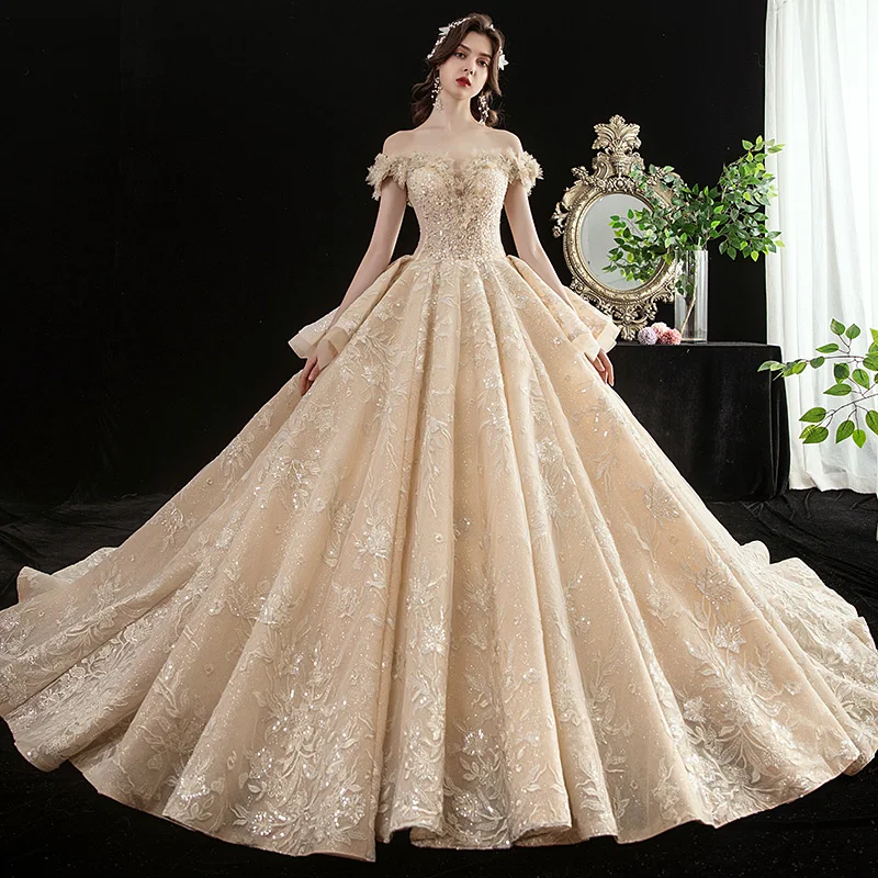 SSYFashion высококачественное свадебное платье невесты роскошное кружево цвета шампанского с аппликацией Бисероплетение суд Поезд Длинные свадебные халаты Vestido De Novia