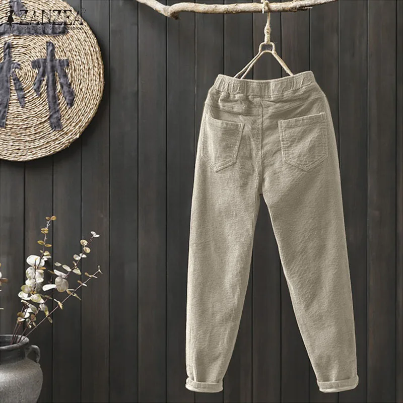 Весенние свободные длинные Pantalon ZANZEA для женщин высокие эластичные шаровары Повседневные винтажные однотонные рабочие вельветовые брюки женские брюки репа