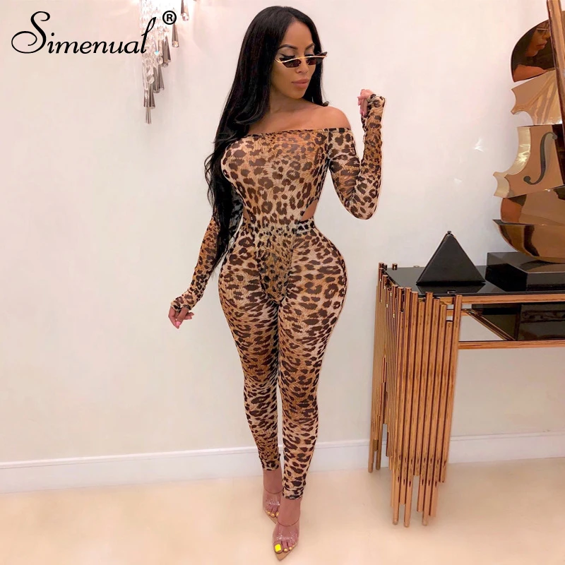 Skup Simenual Leopard Fitness moda pasujący zestaw kobiet Sexy Hot Off ramię Bodycon 2 sztuka stroje z długim rękawem body i spodnie