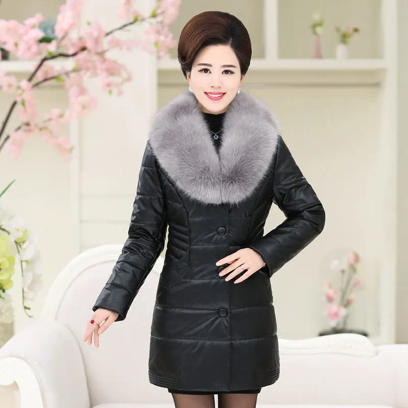 

Middle-aged WOMEN'S Apparels Winter PU Leather Coat Middle-aged Middle-aged Women Dress Cotton-padded Clothes Winter with Fur Co