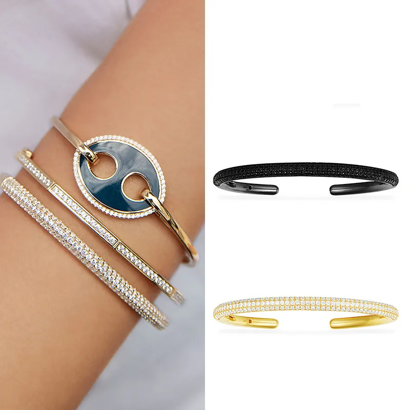 

New Arrival 925 Sterling Silver Black & Gold Color Plated Cool Open Cuff Bangle Women Full Micro Cubic Zirconia Bracelet Unisex