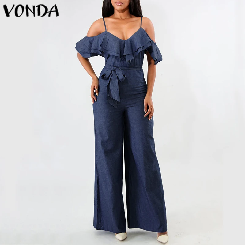 Комбинезоны размера плюс VONDA, женские комбинезоны, повседневные Свободные Комбинезоны, летние сексуальные Клубные джинсовые мешковатые панталоны, Женские Широкие штаны