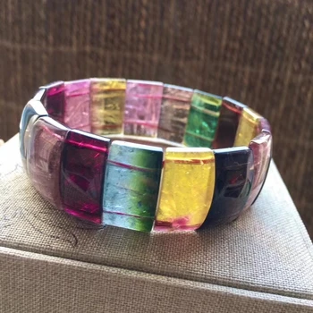 

Natural Colorful Tourmaline Clear Watermelon Rectangle Beads Bracelet Bangle 21.5/14mm For Women Men Crystal Certificate AAAAA