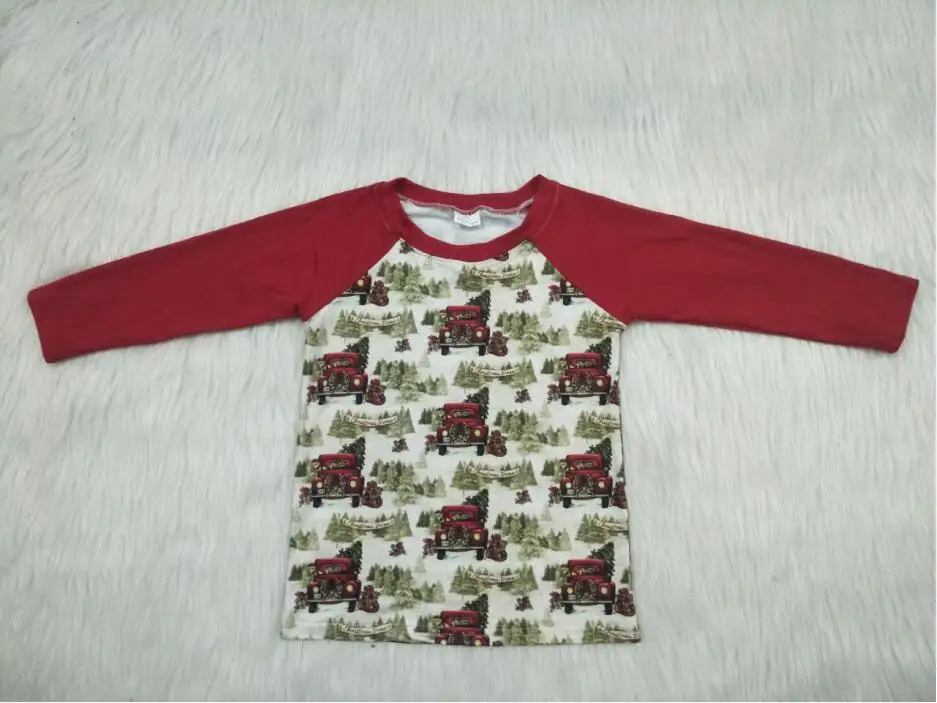 Hot Sale Boy's Shirt Winter Full Sleeve Top Kids Festival Wear Red Pickup Trucks Pulling Christmas Tree Pattern