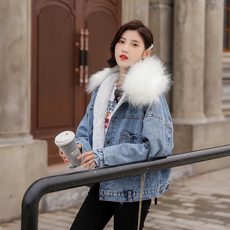 

Photo Shoot Hong Kong Style CHIC Faux Fox Fur Collar plus Velvet Jeans Coat Women's Loose-Fit Autumn And Winter 2018 New Style T
