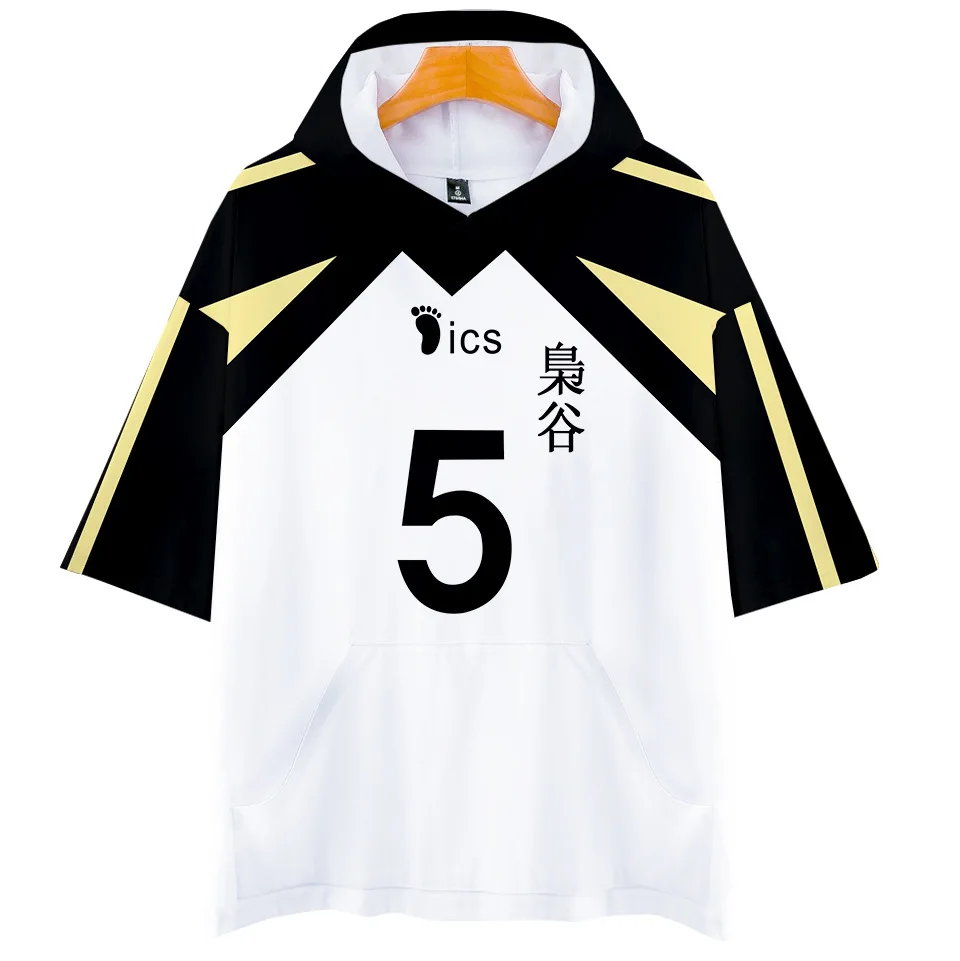 

Anime Haikyuu Cosplay Akaashi Keiji Bokuto Koutarou Costume Fukurodani Academy Volleyball Short Sleeve Hooded Men T Shirt Tops