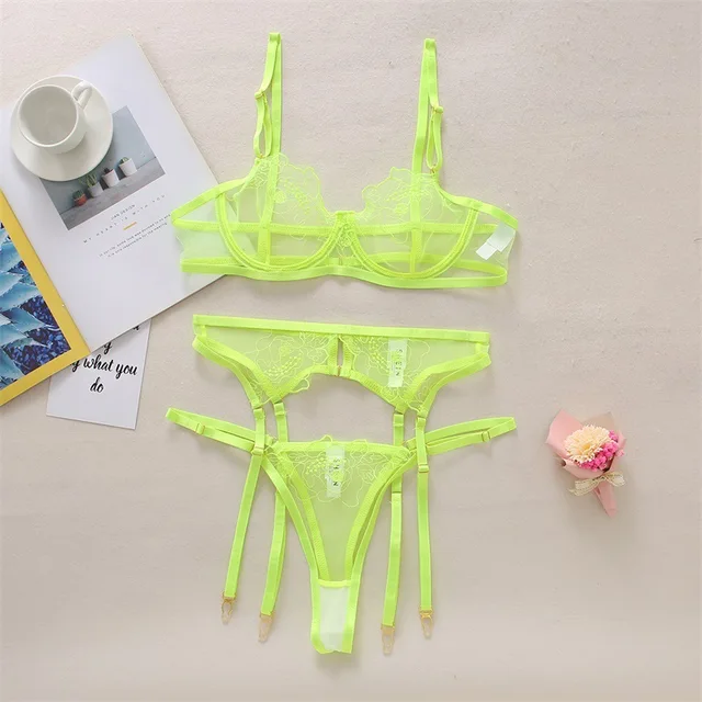 Conjunto de lencería de verde fluorescente para mujer, ropa interior Sexy, Bragas, tanga, liguero, disfraces eróticos|Conjuntos de lencería| - AliExpress