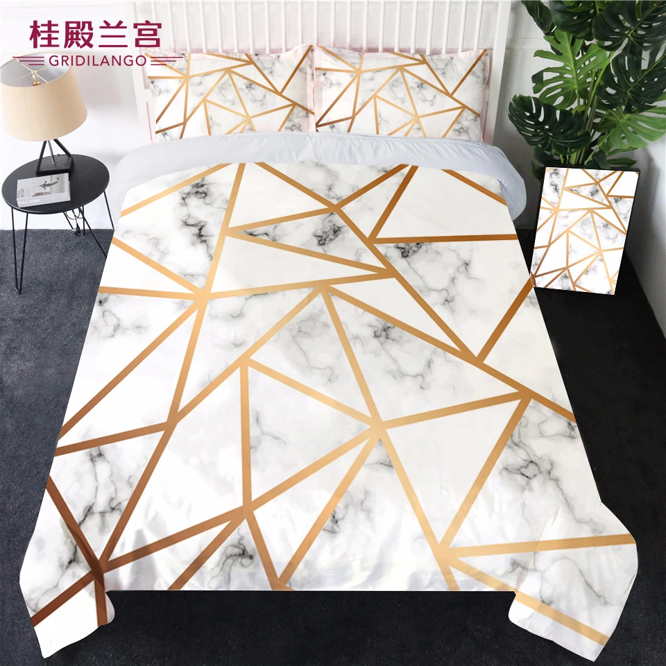

Customized White Golden Square cutting Marble Bedding Set Pink Sequin Printed Duvet Cover Set Bedclothes Home Textiles Dropship