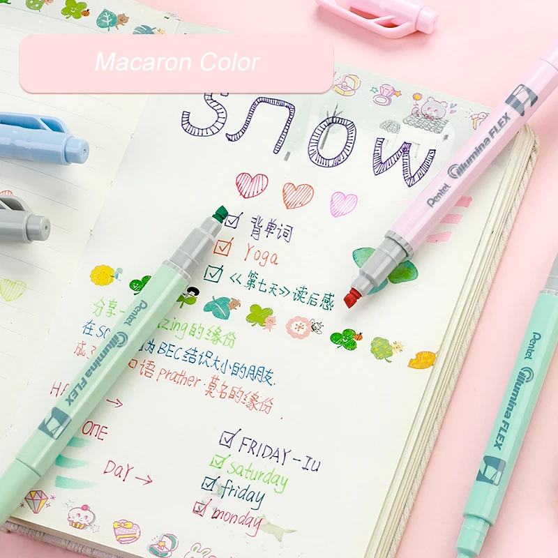 일본 펜텔 SLW11P 세트 마카롱 8 색 더블 펜촉 형광펜 마커 펜 소프트 팁 펜 학용품, 일본산 펜텔 더블펜촉