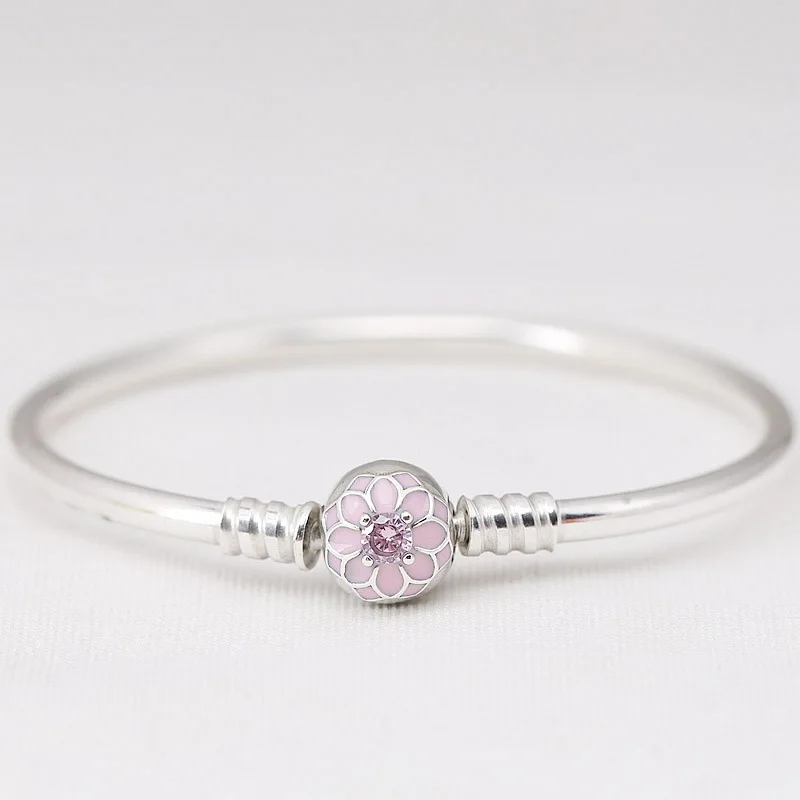 

New 925 Sterling Silver Bangle Pink Blooming Dahlia Clasp Snake Chain Basic Bracelet Bangle Fit Women Bead Charm Diy Jewelry