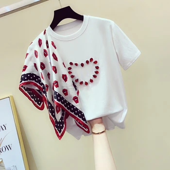 

Fashion patchwork short sleeve t shirt women o-neck diamonds tee shirt femme Korean loose tshirt 2020 summer new arrival tops