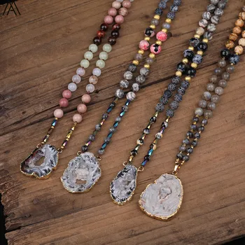 

Freeform Druzy Agates Slice Gold Pendant 8mm Natural Quartz Crystal Beads Cord Knotted Handmade Necklace Long 32 Inch