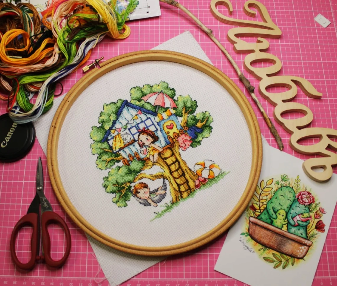 Treehouse of 4 season cross stitch package spring summer 18ct 14ct 11ct cloth cotton thread embroidery DIY handmade needlework