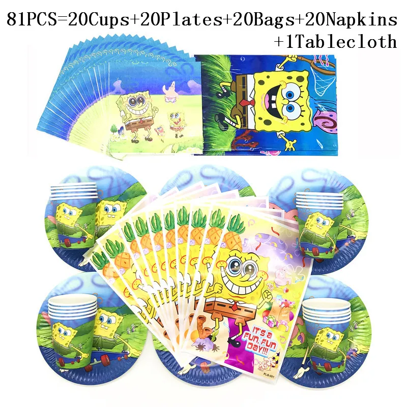 

81Pcs Spongebob Birthday Party Decorations Supplies Paper Plates Cups Napkins Gift Bag Tablecloth Baby Girls Birthday Party Sets