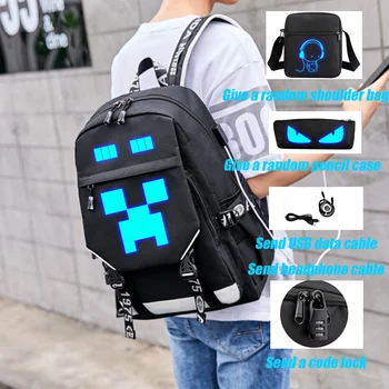 

new Minecrafts Luminous Anti Theft Zipper School Laptop Bag Water Repellent Travel Multi USB Charger Large Capacity Male Mochila