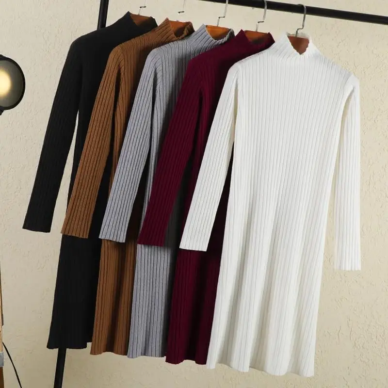 2019 осенне-зимнее свободное женское платье-свитер с длинным рукавом базовое