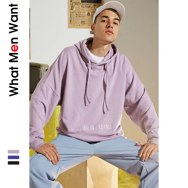 

IVRESSE Purple Solid Letter Embroidery Hoodies Men Hooded Drawstring Pocket Sweatshirt Male Fashion Casual Sport Street Pullover