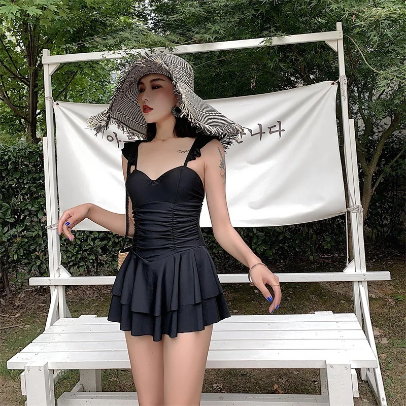 

One Piece Swimsuit Push Up Beachwear Swiming Suit Women Swimwear 2019 1 Korean Black Short Swimsuits With Skirt Hot Beach Dress