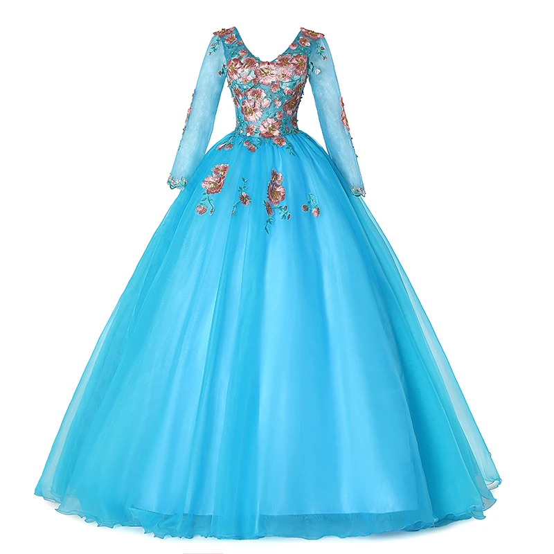 Trajes De Quinceaneras Новое Розовое Пышное Платье с v-образным вырезом и длинным рукавом, кружевное платье с цветочным рисунком размера плюс, кружевное платье на заказ для выпускного вечера