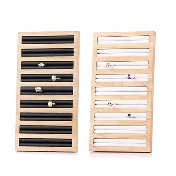 

2x Rectangle Ring Display Tray Bamboo PU Leather Jewelry Display Tray Ring Display Holder Black & White