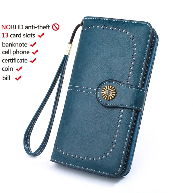 High Quality Women Wallet RFID Anti-theft Leather Wallets For Woman Long Zipper Large Ladies Clutch Bag Female Purse Card Holder w006-blue