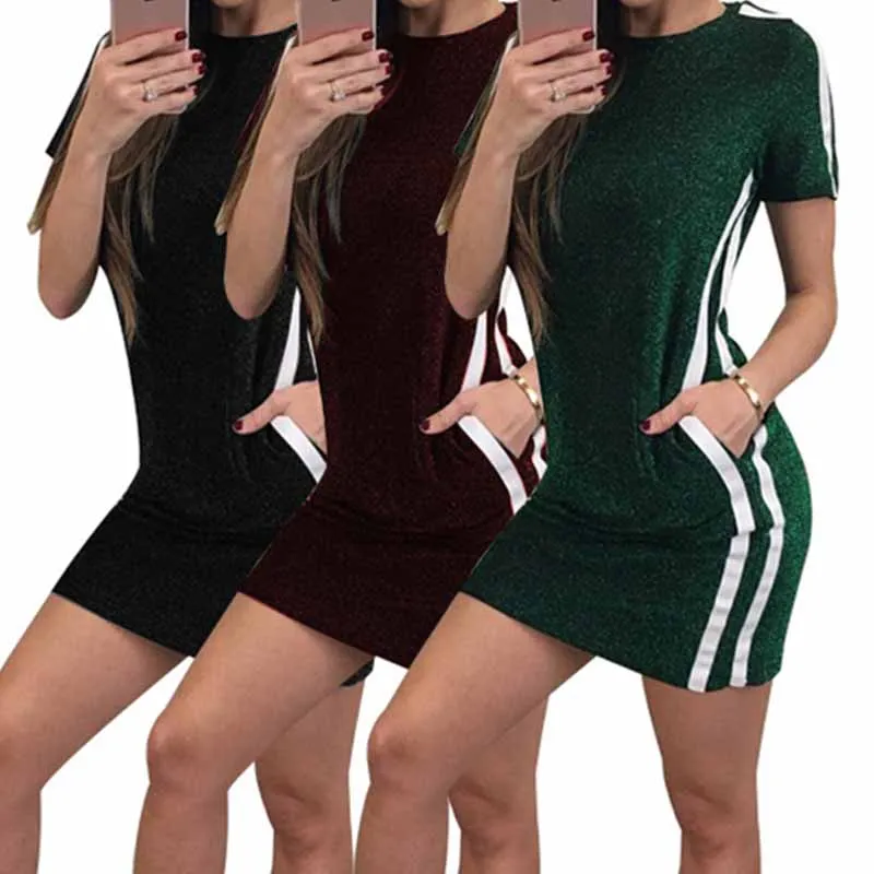 Summer Dress Women Short Sleeve Side Stripe Bodycon Mini Wrap Dress Sexy Casual Sport Wear