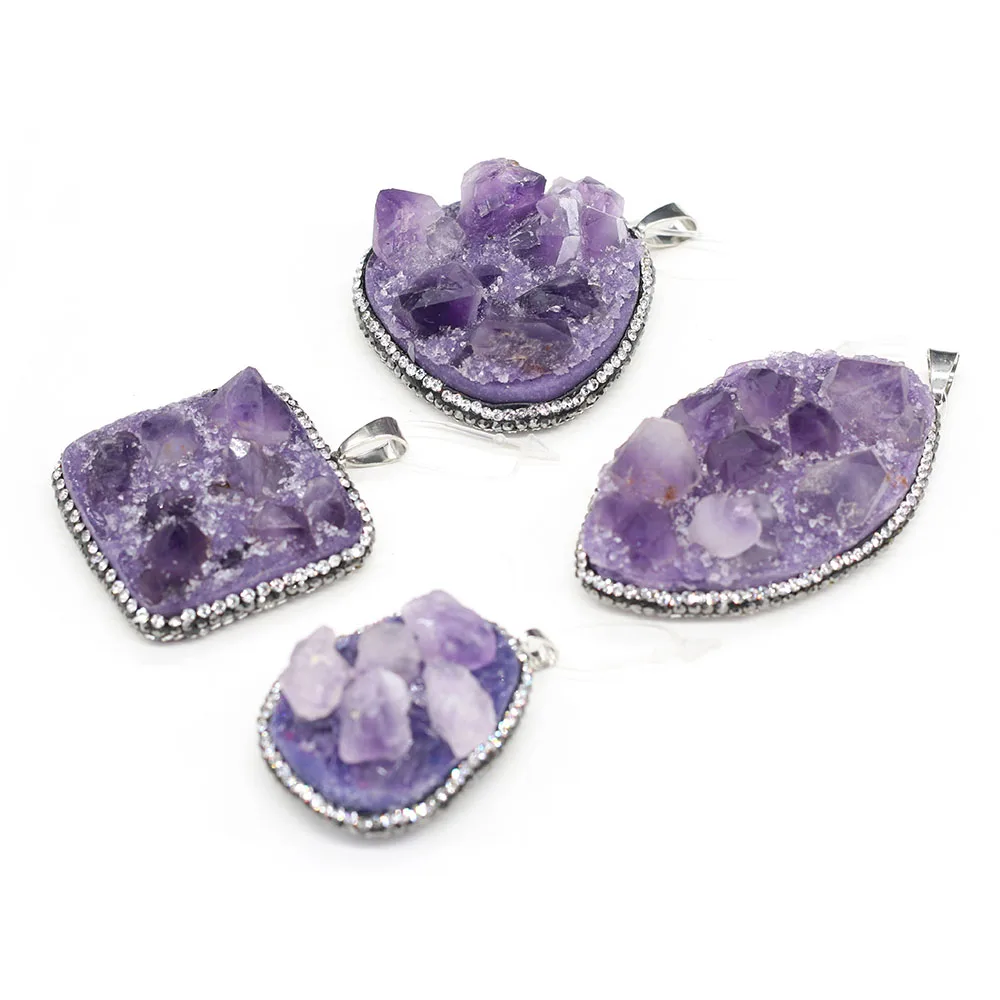 

Natural Irregular Amethysts Cluster Pendant Crystal Quartrz Female Charms Ore Pendant For Jewelry Making Necklace Accessories