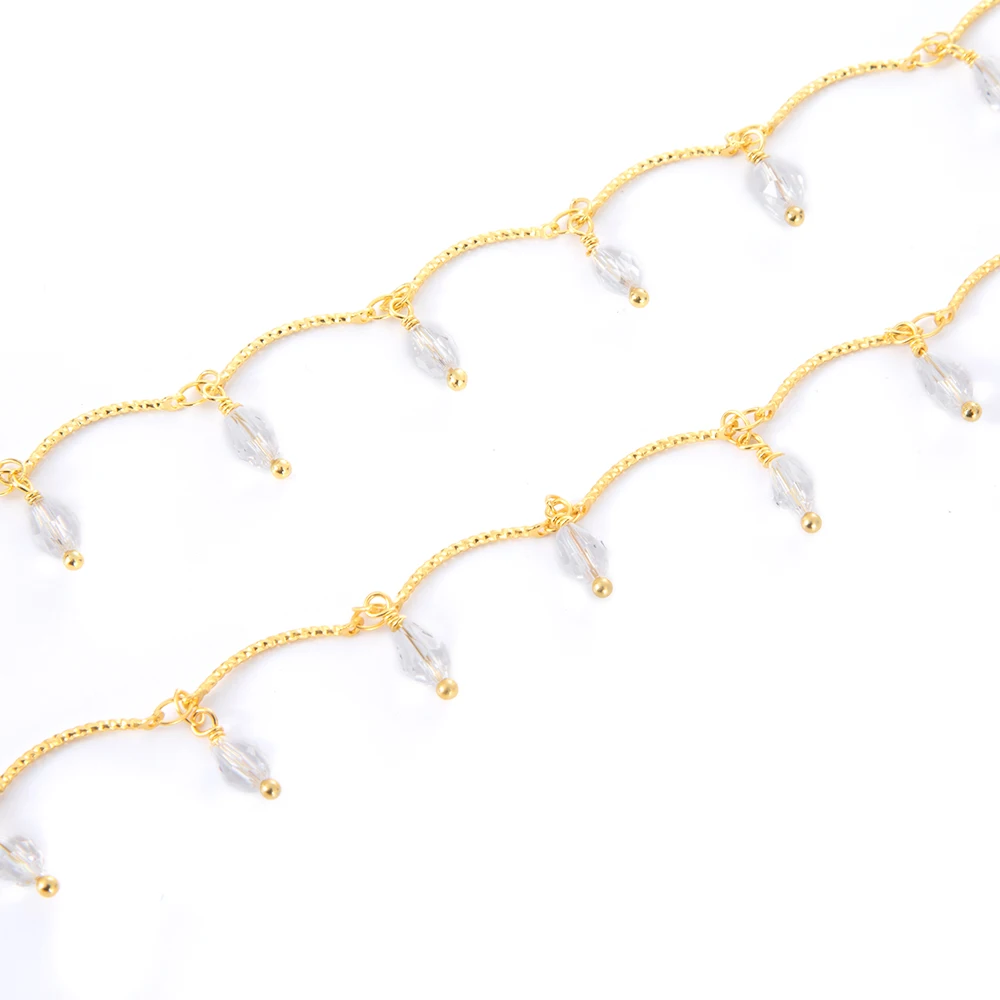 1 Meter 18K Gold Plated Glass Faceted Teardrop Brass Chain SolderedHandmade Chain Findings for DIY Jewelry Necklace Making