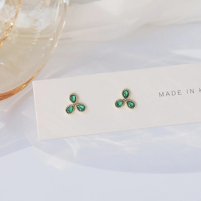 Elegant Tiny Green Crystal 3 Leaves Earrings for Women Feminia Korean 14K Real Gold Stud Earrings Wedding Engagement Accessories - Image 5