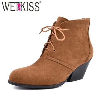

WETKISS Western Boots Women High Heels Cuban Ankle Booties Female Round Toe Shoe Ladies Lace Up Neutral Shoes Winter Big Size 48
