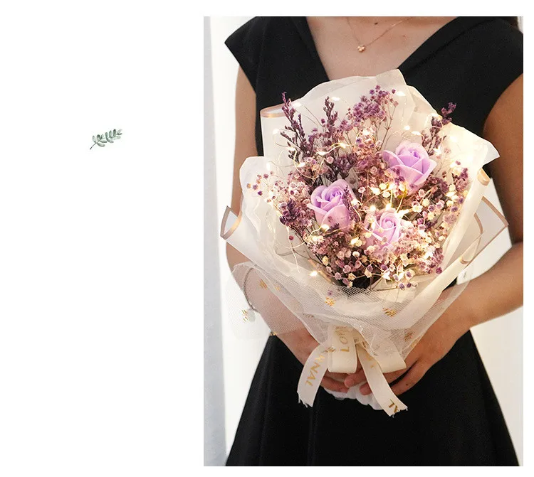 Creative Rose Gypsophila Dried Flower Bouquet + LED Light + Gift Bag Flower Gift Box Valentine's Day Birthday Gift Bride Bouquet