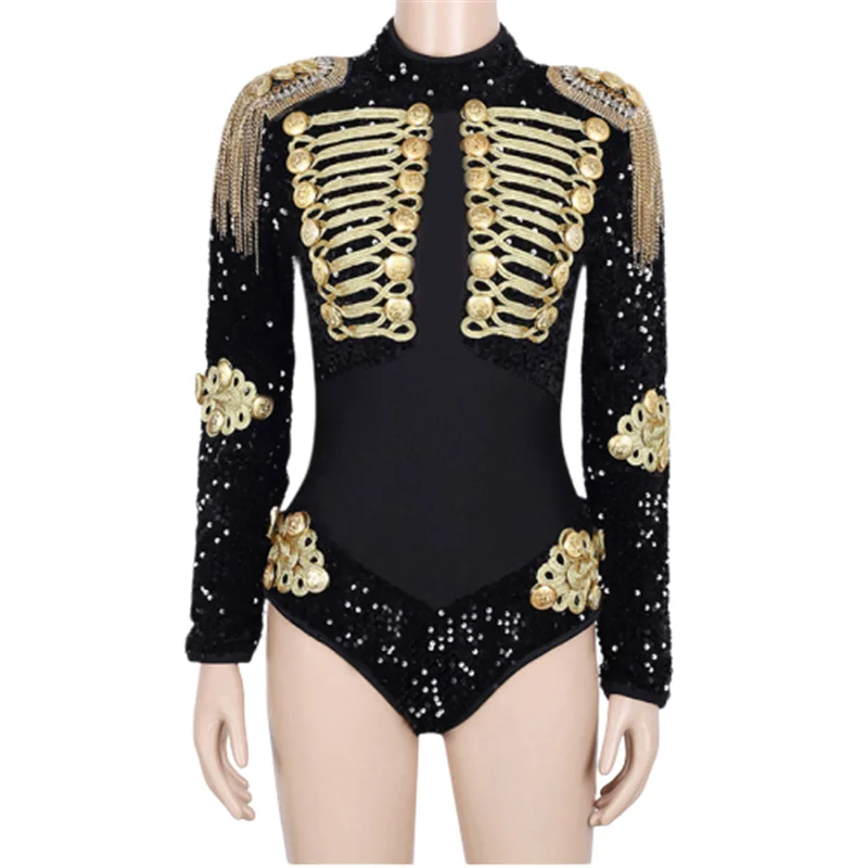 black Women Stage Dance Costume Sexy Long Sleeve Sequins Mesh Gogo Jazz Dancer Costume Nightclub Bar Singer Performance Bodysuit - Цвет: black