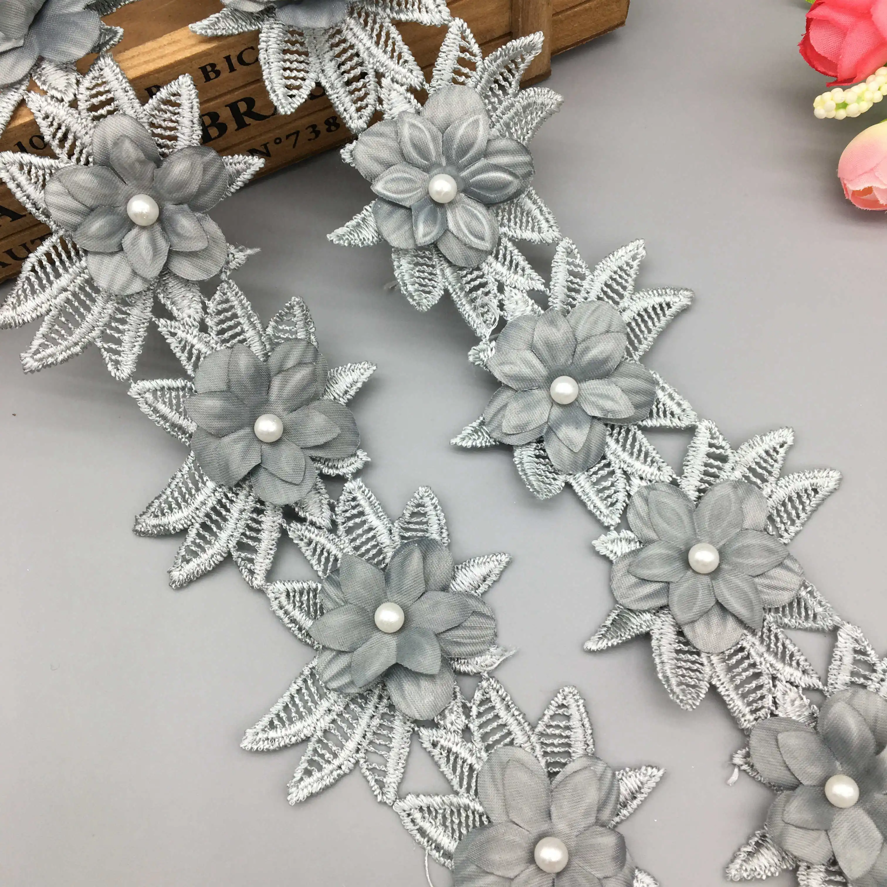 1Yard Embroidered Lace Trim Flower Floral Ribbon Wedding Dress Sewing DIY Craft 