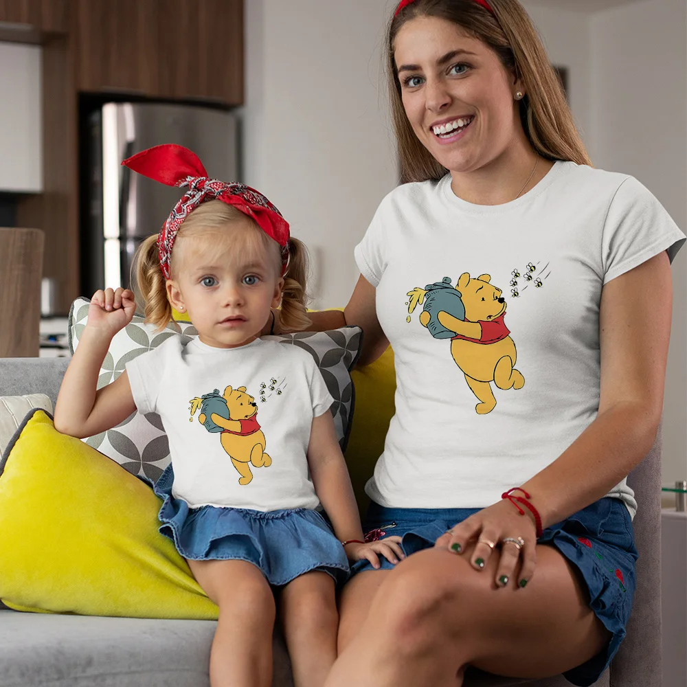 Winnie the Pooh Printed T shirt Children's Loose Tshirt Summer Camisetas Mujer Short Sleeve O Neck Girls Casual Siblings T-shirt family thanksgiving outfits