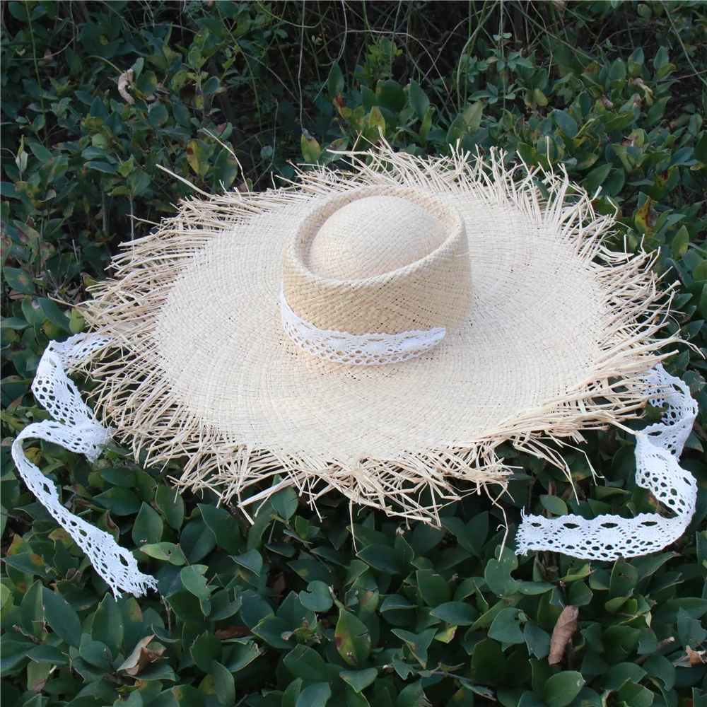 lace Женские пляжные шляпы с большими полями с длинной лентой ветрозащитная, модная шапка оверсайз дамские летние шляпы с защитой от УФ Панама Козырек Кепка - Цвет: lace