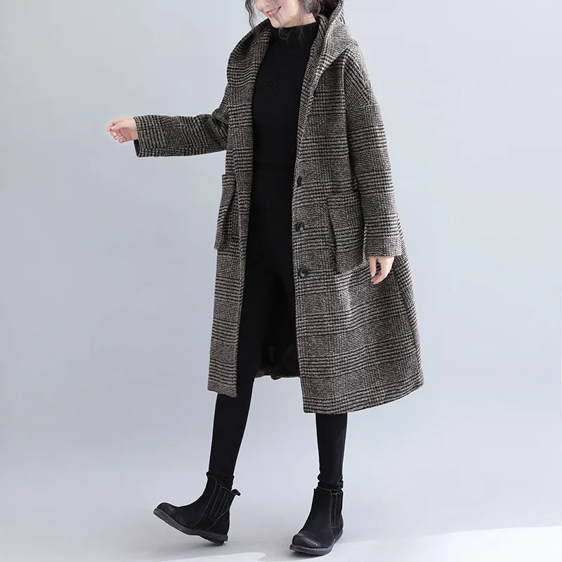 Винтажное осенне-зимнее клетчатое шерстяное пальто, новинка, большой размер, модное Свободное длинное пальто с капюшоном, женские куртки, женская верхняя одежда V1094 - Цвет: coffe