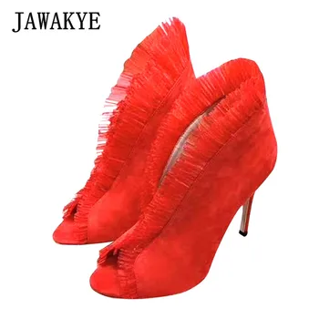 

Red Peep Toe Laciness Women Stilettos Sexy Suede Thin High Heels Formal Party Wedding Shoes Women Runway Brand Pumps for Ladies