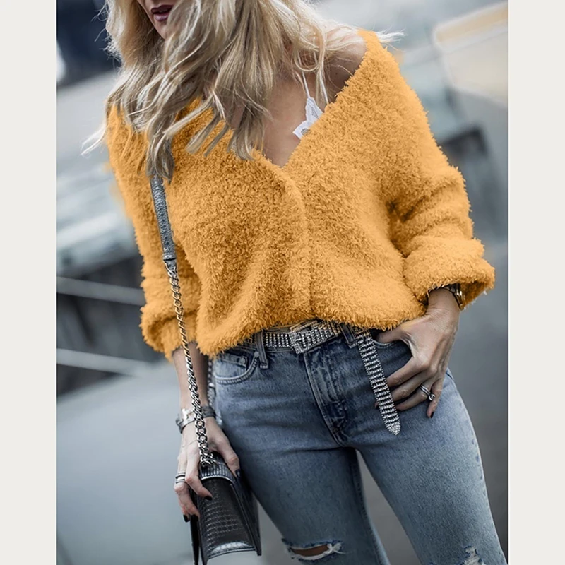 

OEAK Womens Long Sleeve Fluffy Plush Knitted Sweater Ladies V Neck Loose Casual Jumper Tops Button Winter Sweaters Fashion