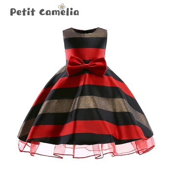 

⎡Petit Camelia⎦Kids Dresses For Girls Princess Bow Ribbons Striped Gauze Tiered Sleeveless Ball Gown Casual Kids Clothes