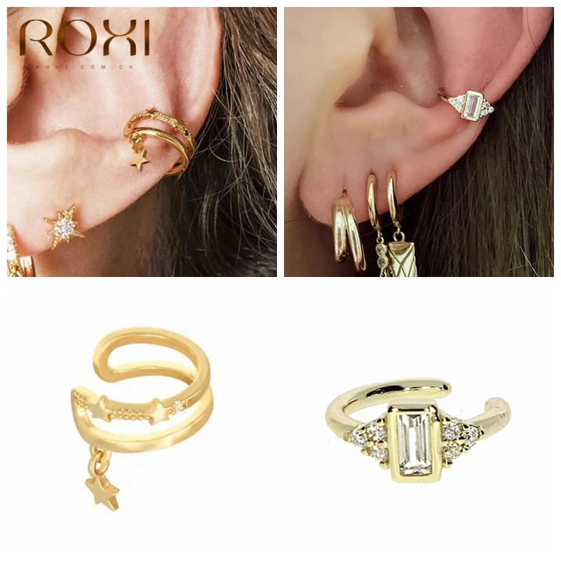 

ROXI Lovely Star Square Gemstones Clip Earrings for Women Men Wedding Earring No Piercing Ear Cuff Silver 925 Jewelry Kolczyki