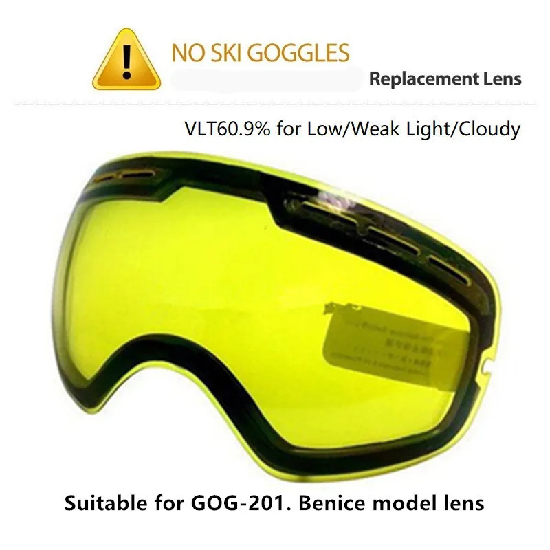 Lentes brillantes originales para Snowboard, lentes de esquí de visión nocturna amarilla, esférico grande, adecuado para Benice GOG-201