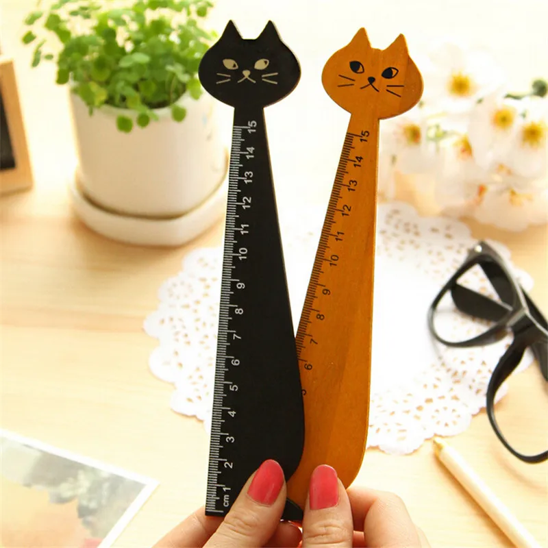 Kawaii Cat Shape Ruler 15cm Cute Wood Animal Straight Rulers Gift For Kids School Supplies Stationery Black Yellow Sewing Tools