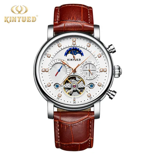 Silver white KJ025 KINYUED натуральная кожа турбийонные автоматические механические часы мужские часы лучший бренд класса люкс reloj hombre relogio masculino - Цвет: Silver white KJ025