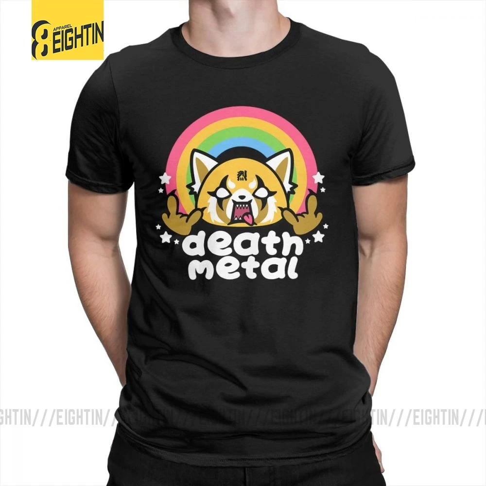 Death Metal Aggretsuko aggression Retsuko, футболки из хлопка, Мужская одежда, футболки с коротким рукавом, футболки большого размера с рисунком - Цвет: Черный