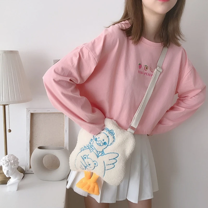 

Women Girl Plush Shoulder Crossbody Bag Cute Embroidery Shopping Bags Satchel Messenger Tote Purse